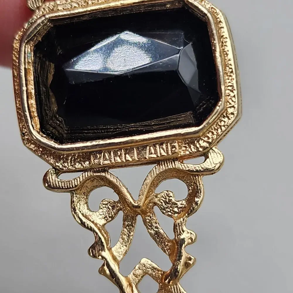Vintage Park Lane Bar Brooch Signed 2” Gold Tone Black Faux Stone Pin Jewelry